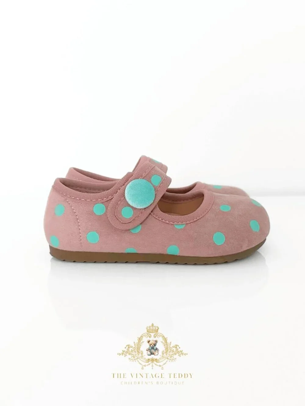 NWT Adorable Girls Flats Children's Shoes Kids Shoes Mauve & Aqua Polkadots 8
